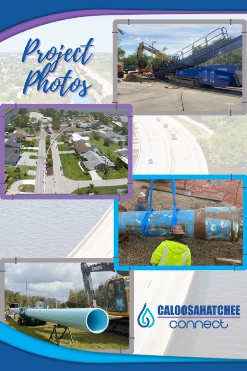Collage of project photos from the Caloosahatchee Connect, showing construction and underground pipe installation.